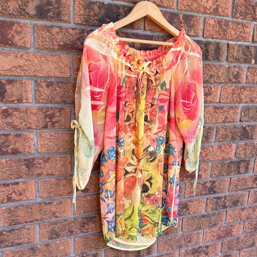 Colourful Flowy Boho Sheer (lined) Peasant Top, Size M
